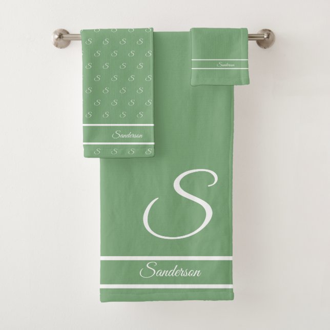  Modern Stylish Sage Green and White Monogram Bath Towel Set (Insitu)