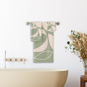 Modern Stylish Sage Green Cream Abstract Pattern Bath Towel Set