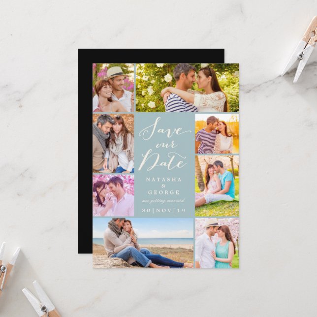 Modern Stylish Script 8 Multi Photo Save The Date Invitation (Front/Back In Situ)