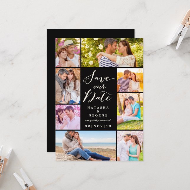 Modern Stylish Script 8 Multi Photo Save The Date Invitation (Front/Back In Situ)