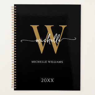 Modern Stylish Script Black Gold Monogram 2023 Planner