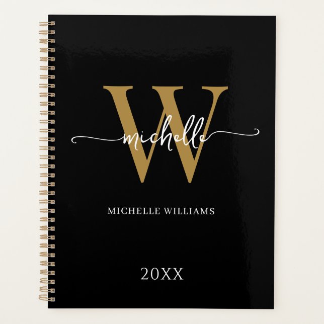 Modern Stylish Script Black Gold Monogram 2023 Planner (Front)