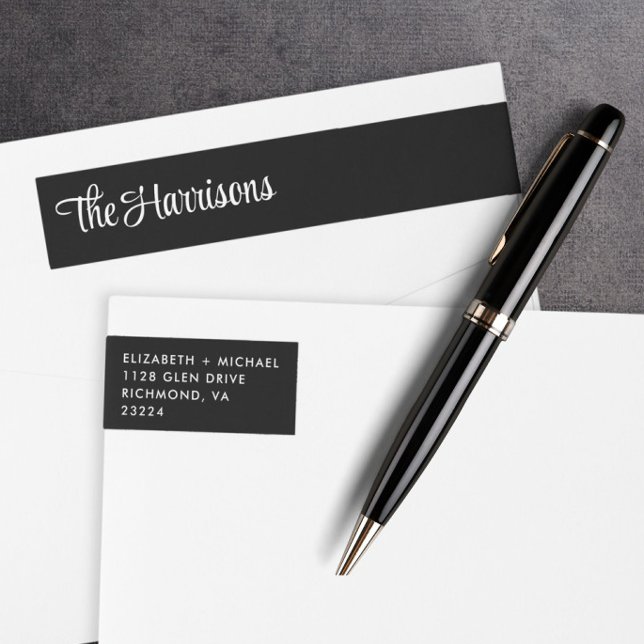 Modern Stylish Script Black Return Address Wrap Around Label (Creator Uploaded)