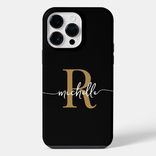 Modern Stylish Script BlackGold  Monogram Initial  iPhone Case (Back)