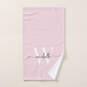 Modern Stylish Script Blush Pink Monogram Name Hand Towel