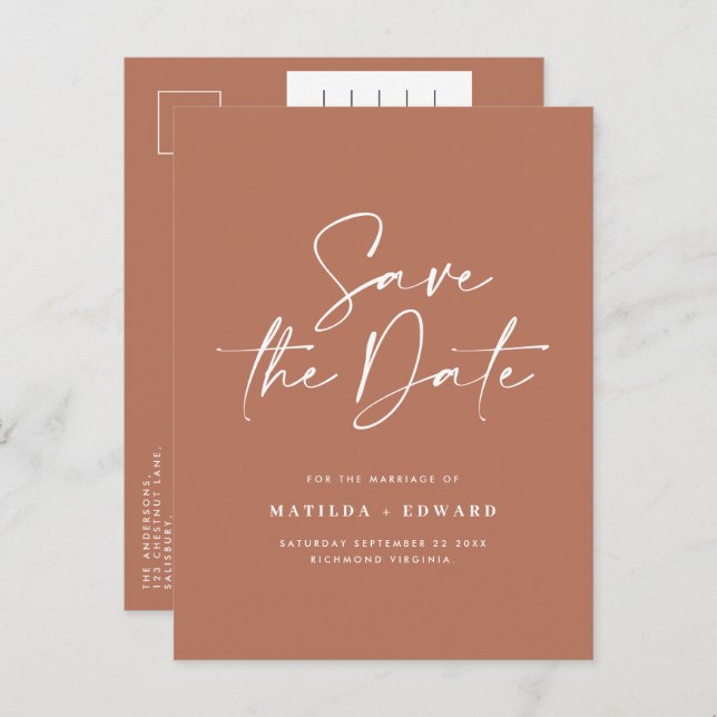 Modern stylish script elegant typography wedding a announcement postcard (Front/Back)