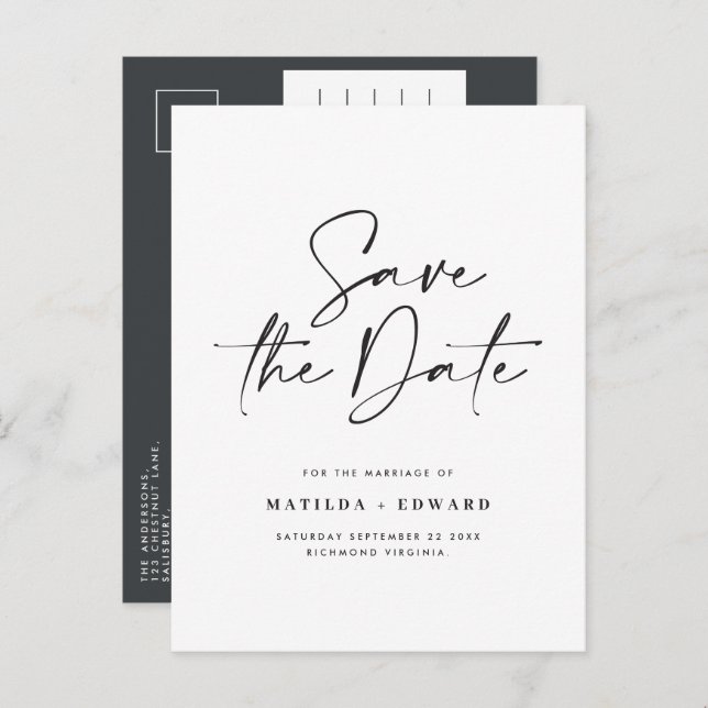 Modern stylish script elegant typography wedding announcement postcard (Front/Back)