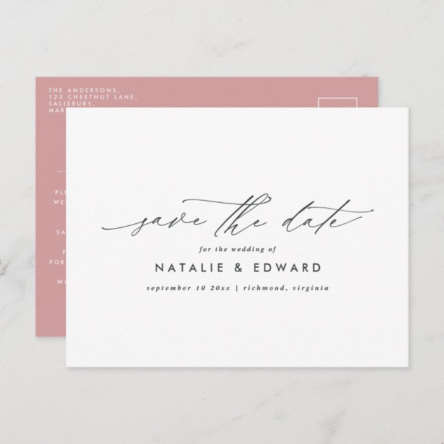 Modern stylish script elegant typography wedding announcement postcard (Front/Back)