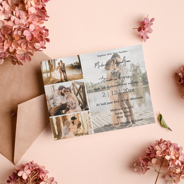 modern stylish script four photos collage wedding  invitation (Creator Uploaded)