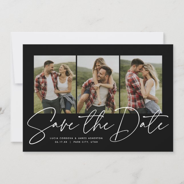 Modern stylish script three photo black and white save the date (Front)