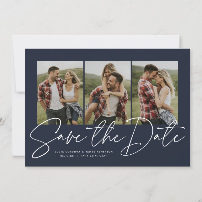 Modern stylish script three photo navy blue save the date (Front)