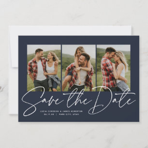 Modern stylish script three photo navy blue save the date
