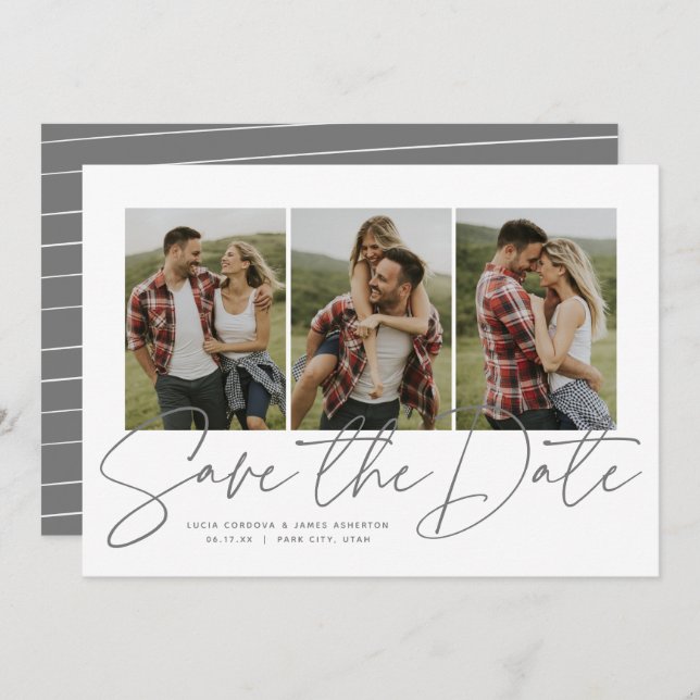 Modern stylish script three photo save the date (Front/Back)
