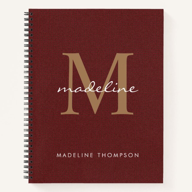 Modern Stylish Script Tweed Red Gold Monogram Notebook (Front)