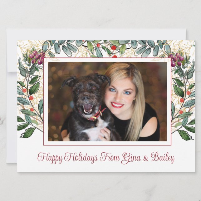 Modern Stylish Simple Christmas Woman Dog Photo  Holiday Card (Front)
