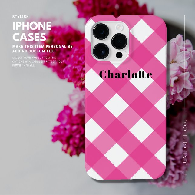 Modern Stylish Simple Pink Gingham with Name iPhone Case (Creator Uploaded)