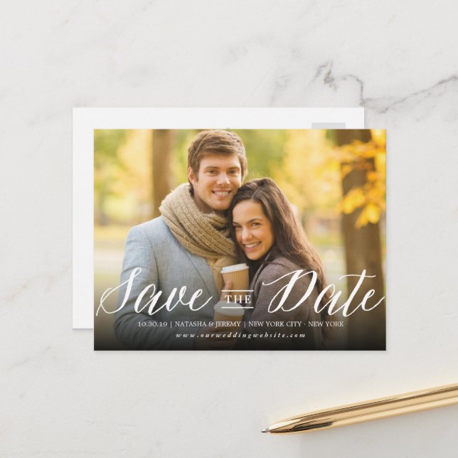 Modern Stylish Simple Script Photo Save The Date Announcement Postcard (Front/Back In Situ)