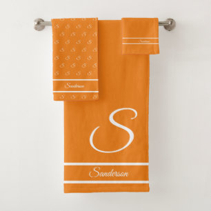 Modern Stylish Solid Colour Orange White Monogram Bath Towel Set