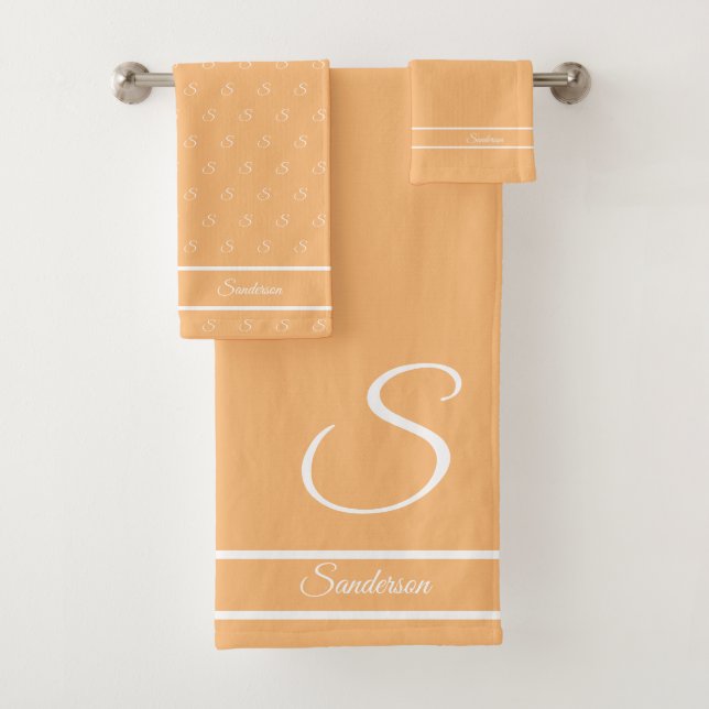  Modern Stylish Solid Colour Peach White Monogram Bath Towel Set (Insitu)