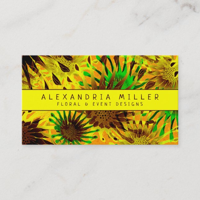Modern Stylish Sunflowers | Yellow Business Card (Front)
