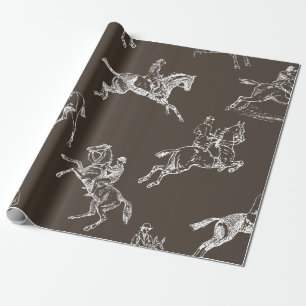 Modern Stylish Taupe White Horseback Riding Toile Wrapping Paper
