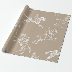Modern Stylish Taupe White Horseback Riding Toile Wrapping Paper