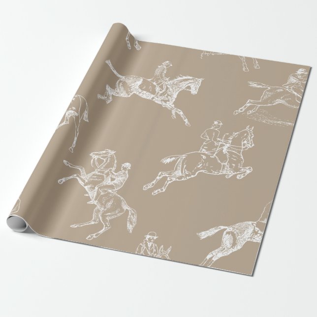 Modern Stylish Taupe White Horseback Riding Toile Wrapping Paper (Unrolled)