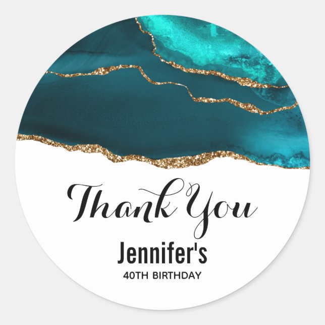 Modern Stylish Teal Agate & Gold Ribbon Birthday Classic Round Sticker (Front)