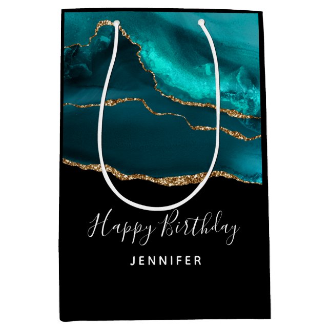 Modern Stylish Teal Agate & Gold Ribbon Birthday Medium Gift Bag (Front)