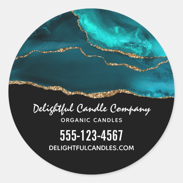 Modern Stylish Teal Agate & Gold Ribbon Business Classic Round Sticker (Front)
