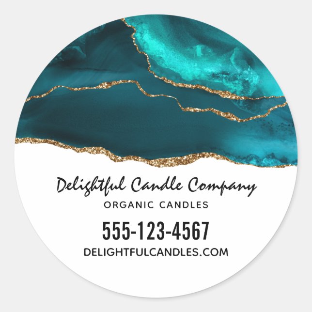 Modern Stylish Teal Agate & Gold Ribbon Business Classic Round Sticker (Front)