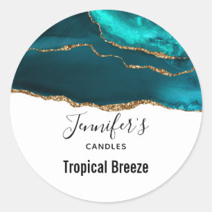 Modern Stylish Teal Agate & Gold Ribbon Candle Classic Round Sticker