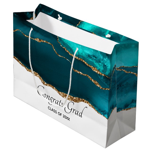 Modern Stylish Teal Agate & Gold Ribbon Graduation Large Gift Bag (Front Angled)