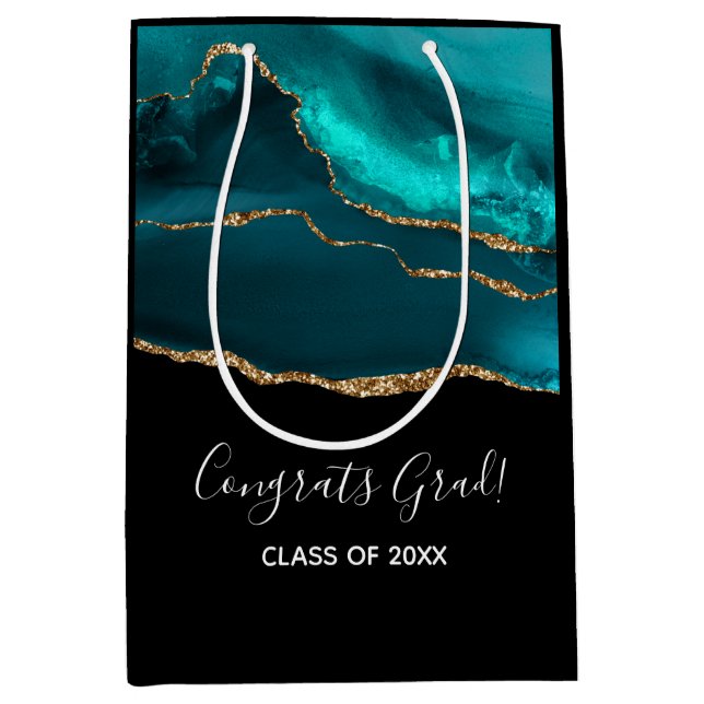 Modern Stylish Teal Agate & Gold Ribbon Graduation Medium Gift Bag (Front)