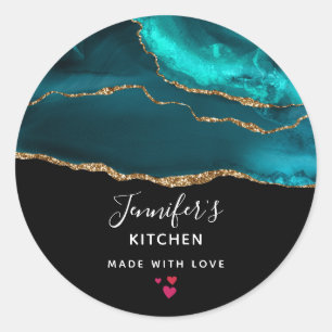 Modern Stylish Teal Agate & Gold Ribbon Kitchen Classic Round Sticker