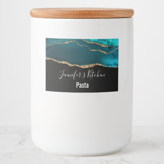 Modern Stylish Teal Agate & Gold Ribbon Kitchen Food Label (Front)