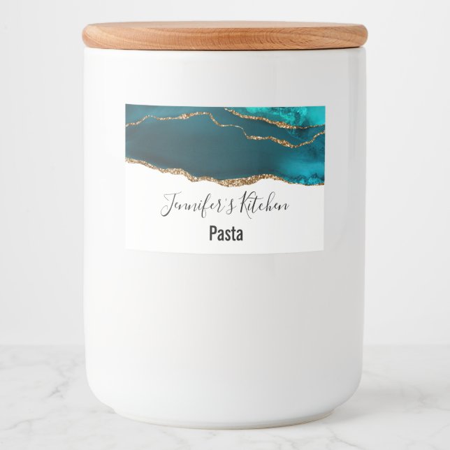 Modern Stylish Teal Agate & Gold Ribbon Kitchen Food Label (Front)