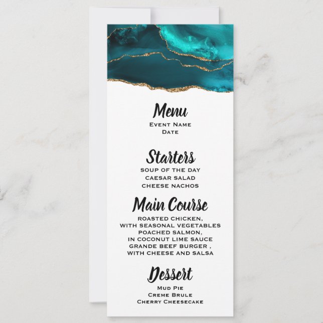 Modern Stylish Teal Agate & Gold Ribbon Menu Invitation (Front)