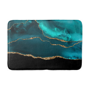 Modern Stylish Teal Agate & Gold Ribbon on Black Bath Mat
