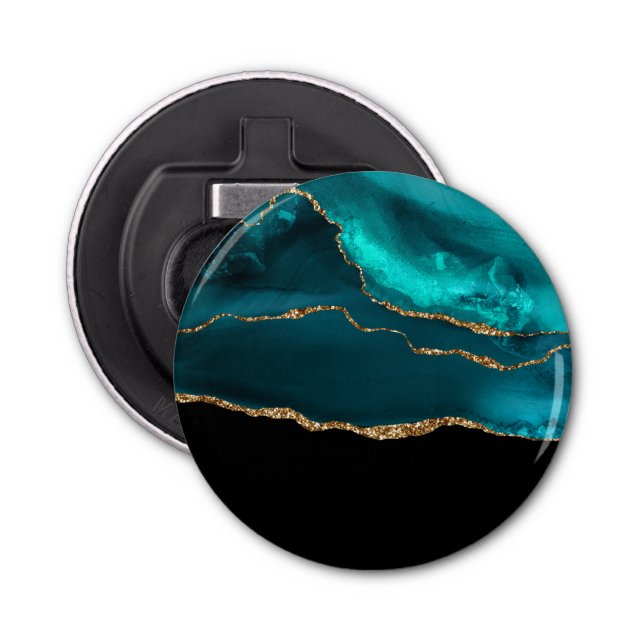 Modern Stylish Teal Agate & Gold Ribbon on Black Bottle Opener (Front)