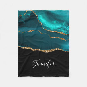 Modern Stylish Teal Agate & Gold Ribbon on Black Fleece Blanket