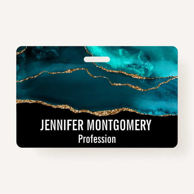 Modern Stylish Teal Agate & Gold Ribbon on Black ID Badge (Front)