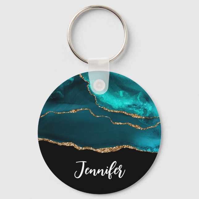 Modern Stylish Teal Agate & Gold Ribbon on Black Key Ring (Front)