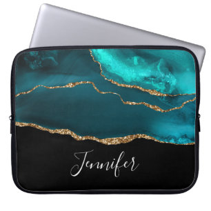 Modern Stylish Teal Agate & Gold Ribbon on Black Laptop Sleeve