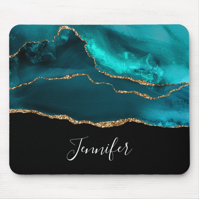 Modern Stylish Teal Agate & Gold Ribbon on Black Mouse Mat (Front)
