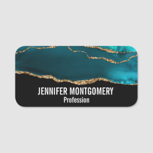 Modern Stylish Teal Agate & Gold Ribbon on Black Name Tag