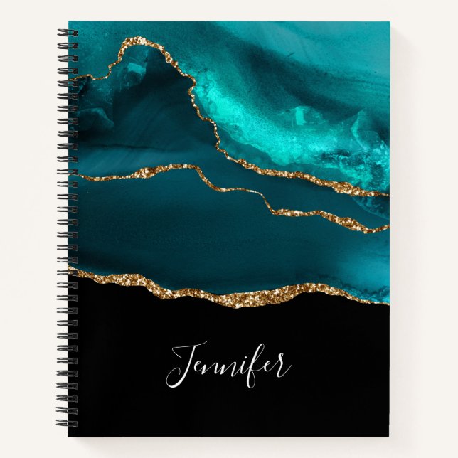 Modern Stylish Teal Agate & Gold Ribbon on Black Notebook (Front)