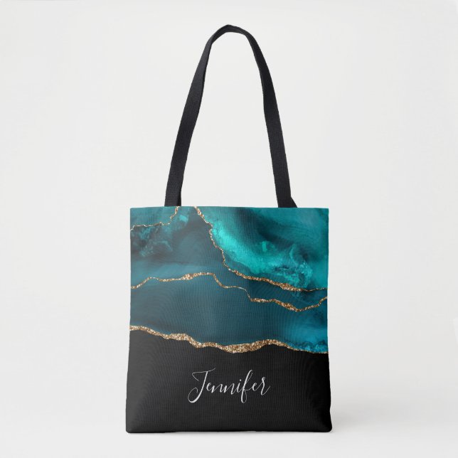 Modern Stylish Teal Agate & Gold Ribbon on Black Tote Bag (Front)
