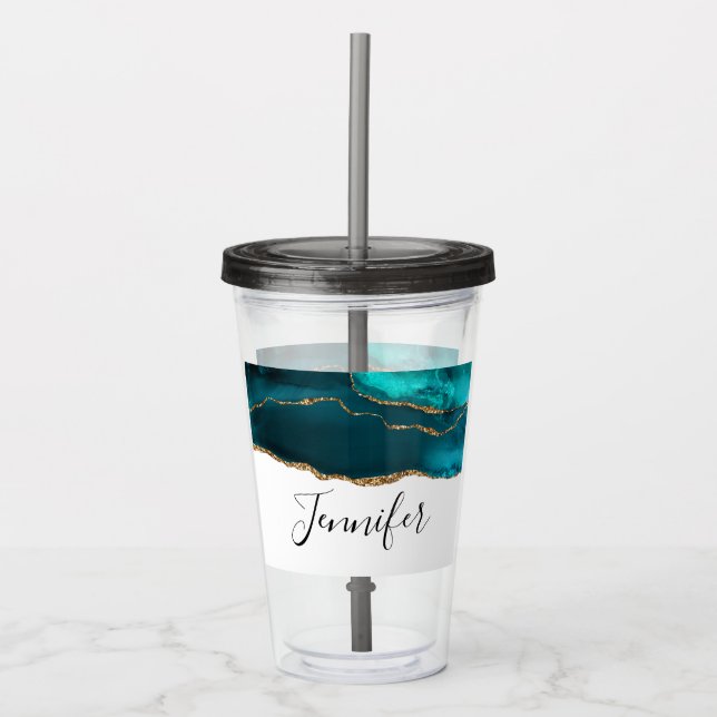Modern Stylish Teal Agate & Gold Ribbon on White Acrylic Tumbler (Front)