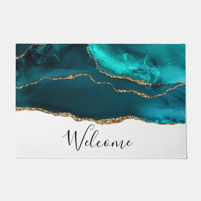 Modern Stylish Teal Agate & Gold Ribbon on White Doormat (Front)